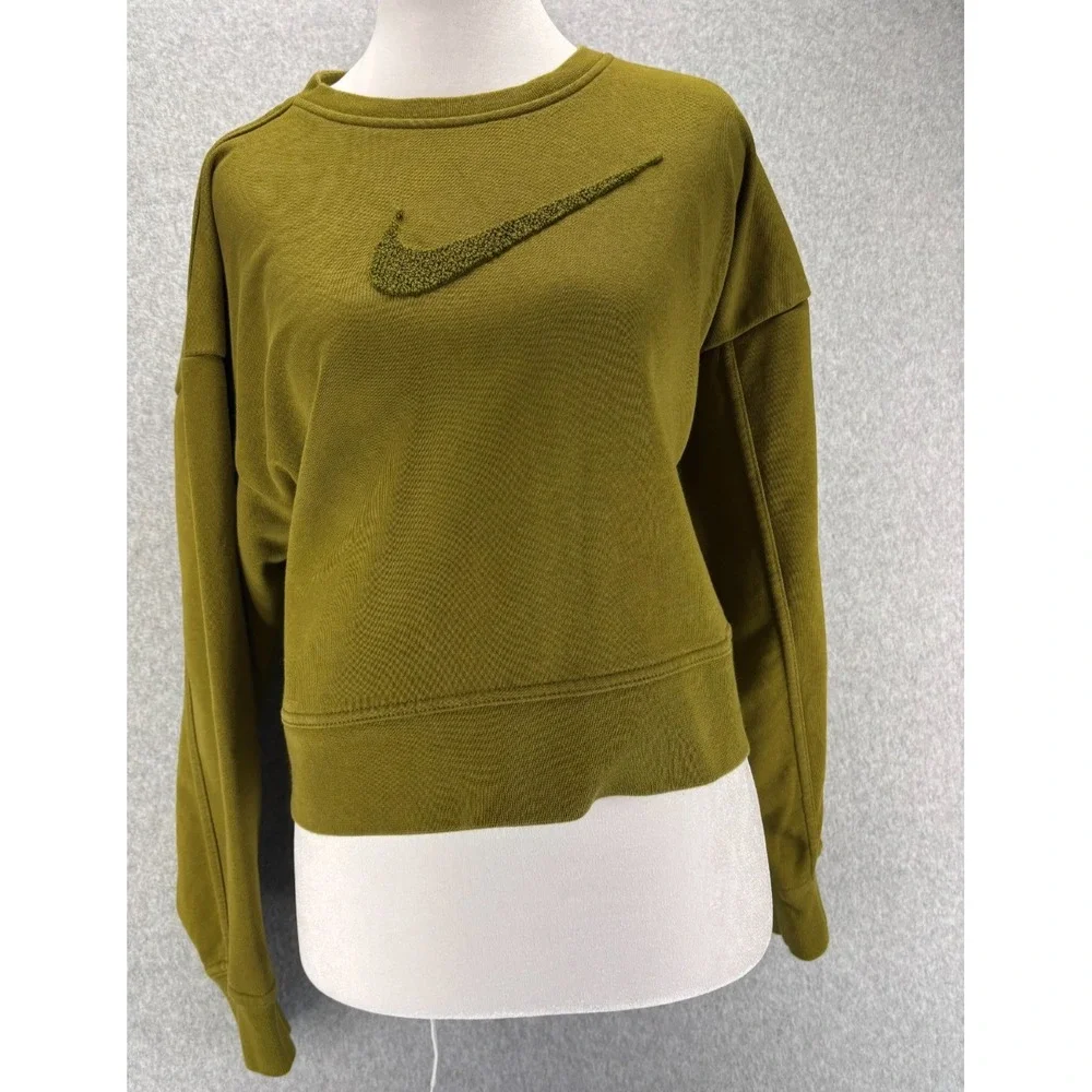 Nike Olive Green Cropped Sweatshirt Chenille‎ Swoosh Small Athleisure - Picture 3 of 11